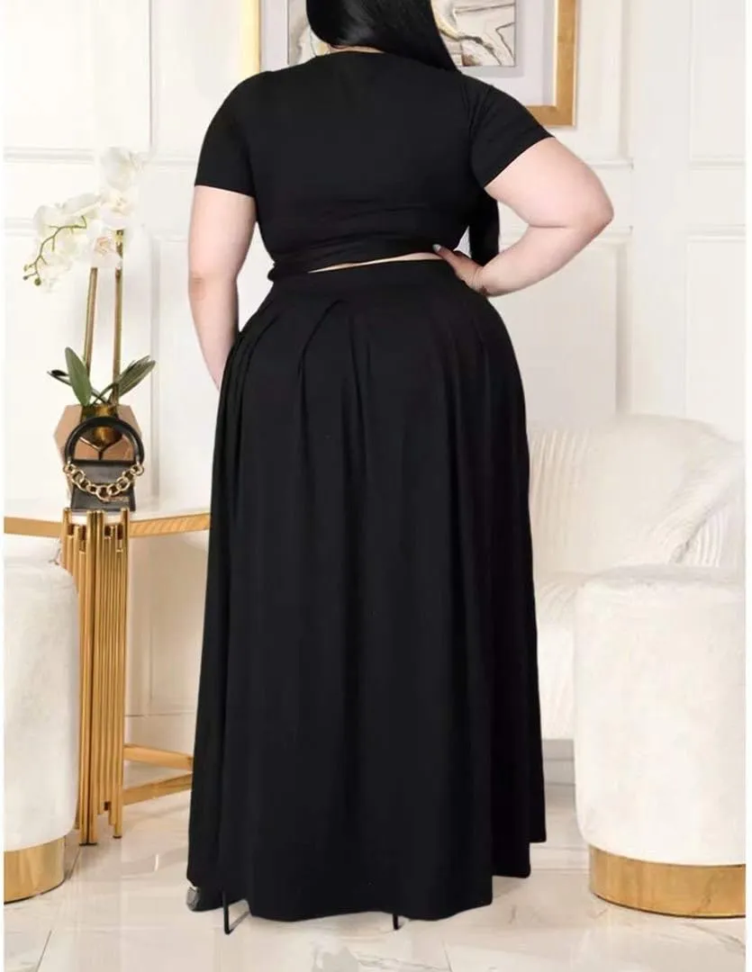 IyMoo Womens Plus Size 2 Piece Dress Outfits Short Sleeve Bandage Wrap Empire Crop Tops and Skirt Sets