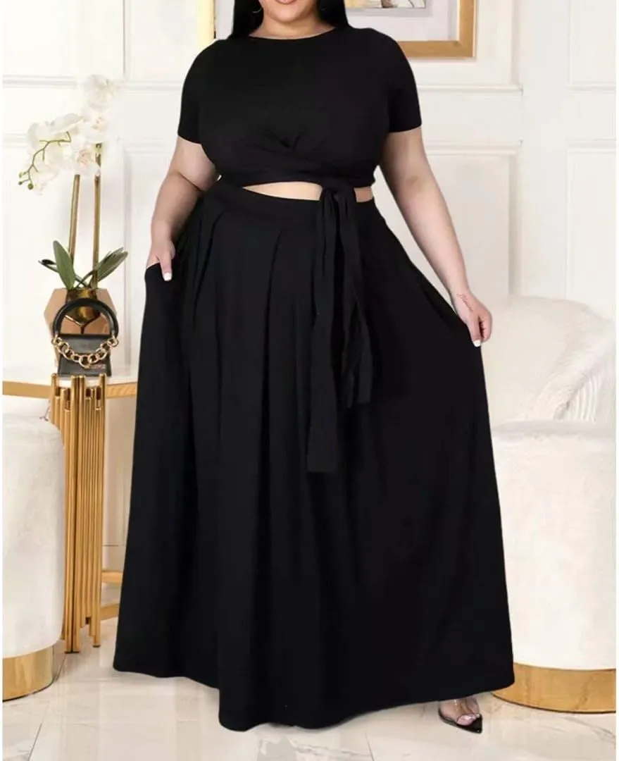 IyMoo Womens Plus Size 2 Piece Dress Outfits Short Sleeve Bandage Wrap Empire Crop Tops and Skirt Sets