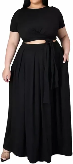 IyMoo Womens Plus Size 2 Piece Dress Outfits Short Sleeve Bandage Wrap Empire Crop Tops and Skirt Sets