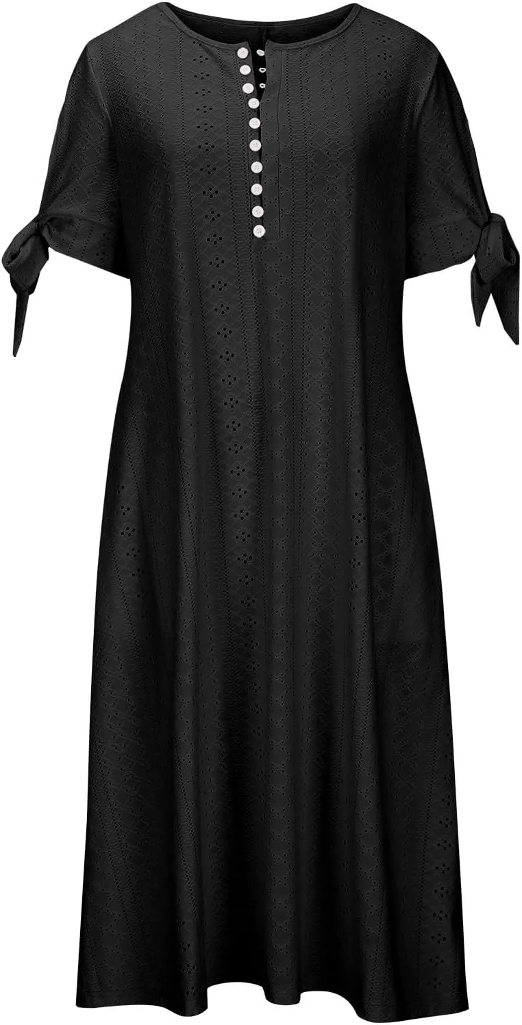 JIEMUXIU Maxi Dresses for Women 2025 Trendy Short Sleeve Eyelet Tshirt Long Dress Casual Summer Boho Beach Vacation Sundress