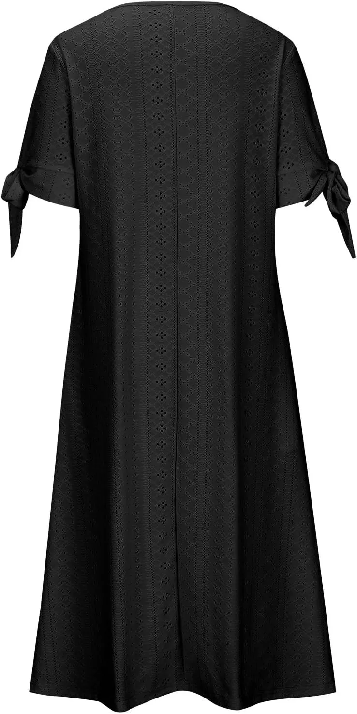 JIEMUXIU Maxi Dresses for Women 2025 Trendy Short Sleeve Eyelet Tshirt Long Dress Casual Summer Boho Beach Vacation Sundress