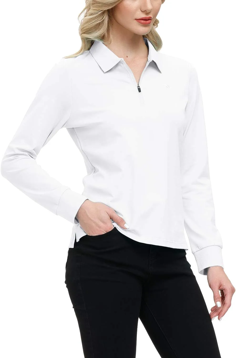 JINSHI Women's Golf Polo Shirt Long Sleeves Zip Up Sport Active Shirts Quick Dry Athletic T-Shirt Casual Tennis Tops Slim Fit