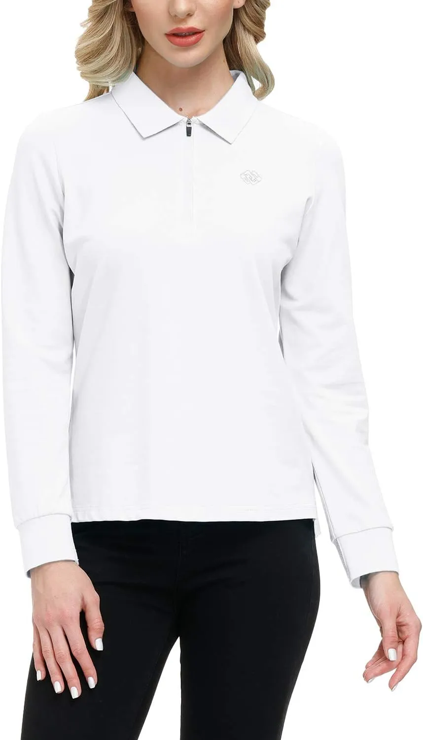 JINSHI Women's Golf Polo Shirt Long Sleeves Zip Up Sport Active Shirts Quick Dry Athletic T-Shirt Casual Tennis Tops Slim Fit