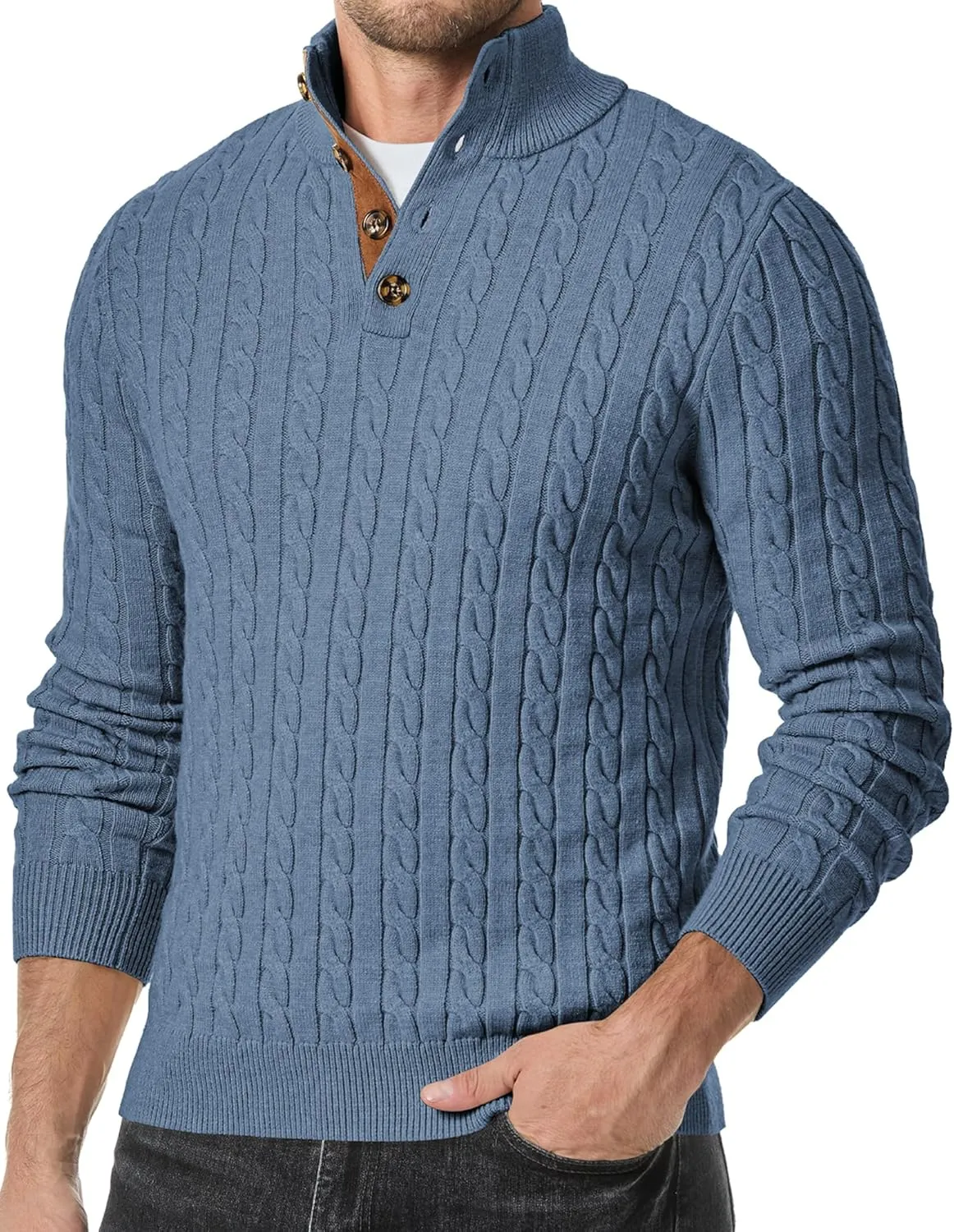 JMIERR Men's Cable Knit Pullover Sweater Casual Long Sleeve Stand Collar Button Knitted Sweaters