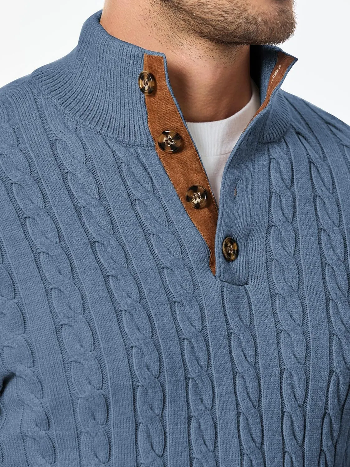 JMIERR Men's Cable Knit Pullover Sweater Casual Long Sleeve Stand Collar Button Knitted Sweaters