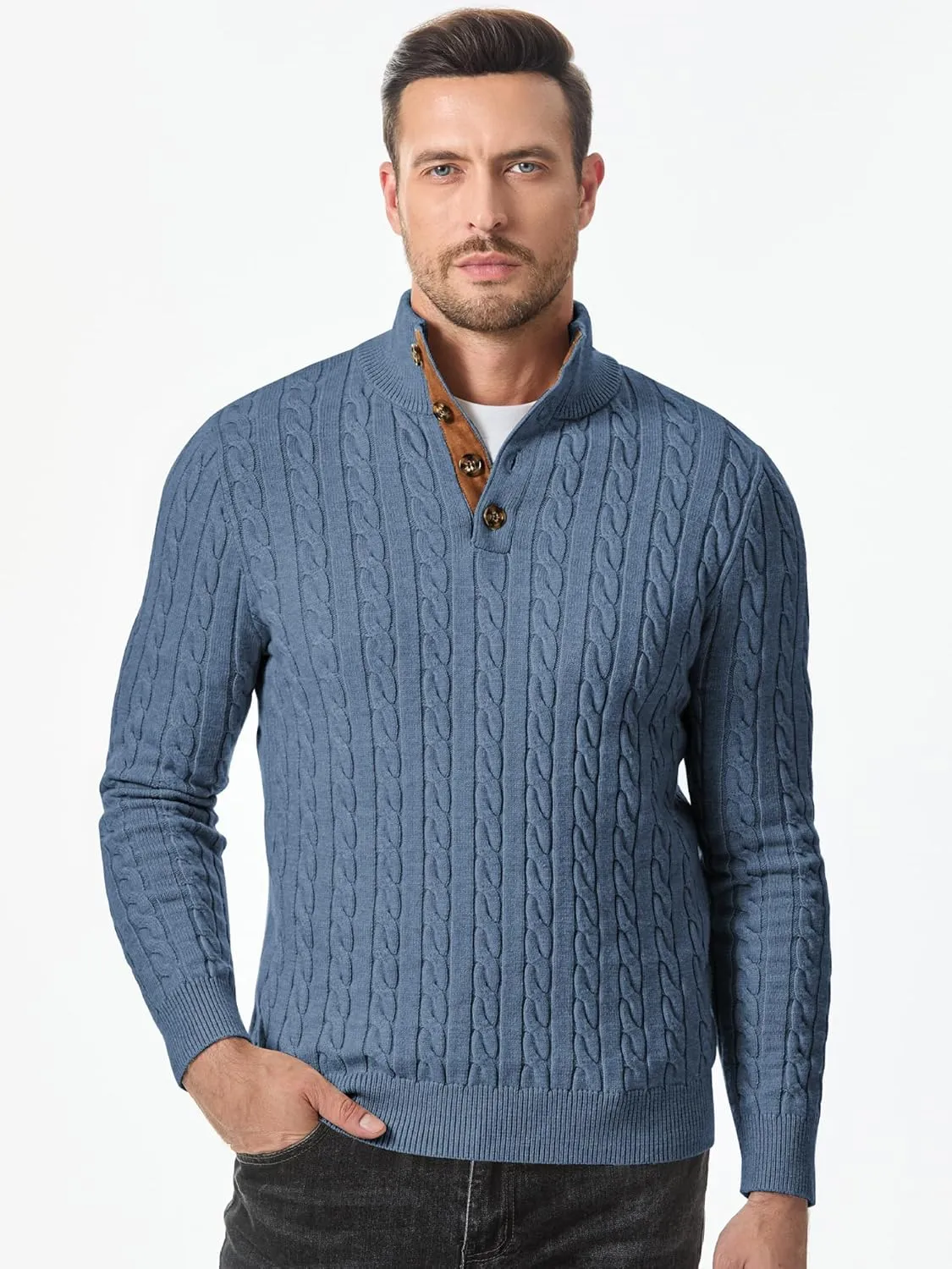 JMIERR Men's Cable Knit Pullover Sweater Casual Long Sleeve Stand Collar Button Knitted Sweaters