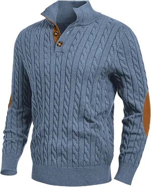 JMIERR Men's Cable Knit Pullover Sweater Casual Long Sleeve Stand Collar Button Knitted Sweaters