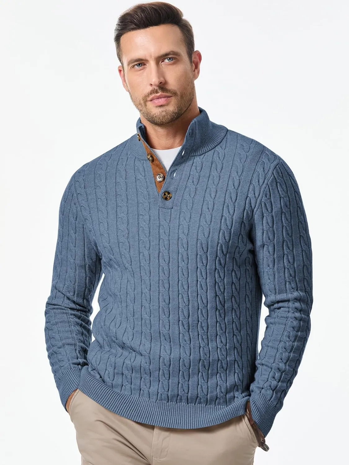 JMIERR Men's Cable Knit Pullover Sweater Casual Long Sleeve Stand Collar Button Knitted Sweaters