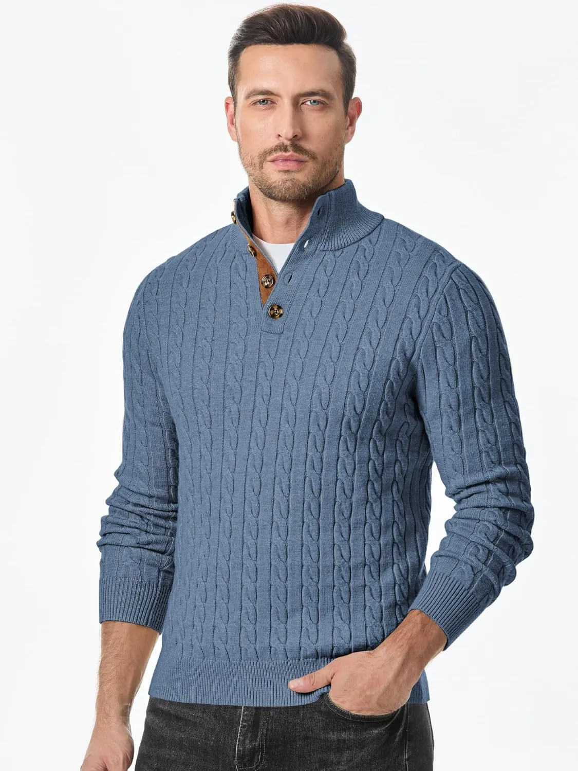JMIERR Men's Cable Knit Pullover Sweater Casual Long Sleeve Stand Collar Button Knitted Sweaters