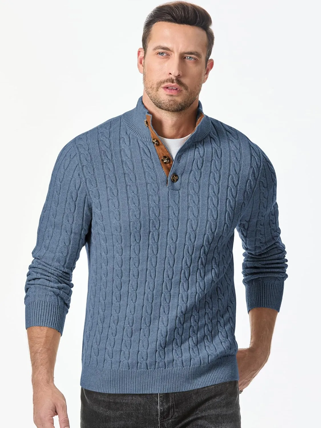 JMIERR Men's Cable Knit Pullover Sweater Casual Long Sleeve Stand Collar Button Knitted Sweaters
