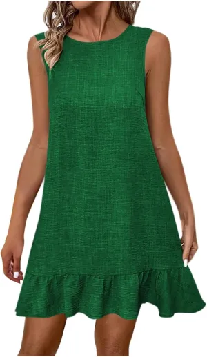 JOAU Womens Crew Neck Bowknot Backless Tank Dresses Fashion Casual Summer Sleeveless A-line Flowy Ruffle Hem Mini Sundress