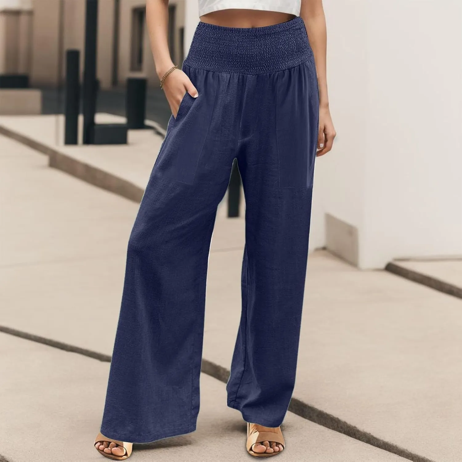 Khaki Linen Pants Women Wide Leg Flowy Breathable Friends' Gathering Beach Pants Spring Themed Party Casual Trousers