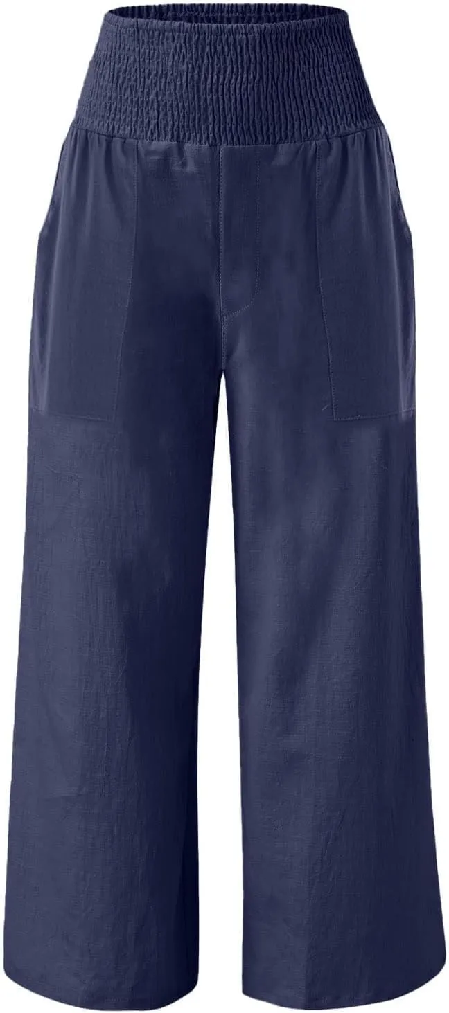 Khaki Linen Pants Women Wide Leg Flowy Breathable Friends' Gathering Beach Pants Spring Themed Party Casual Trousers