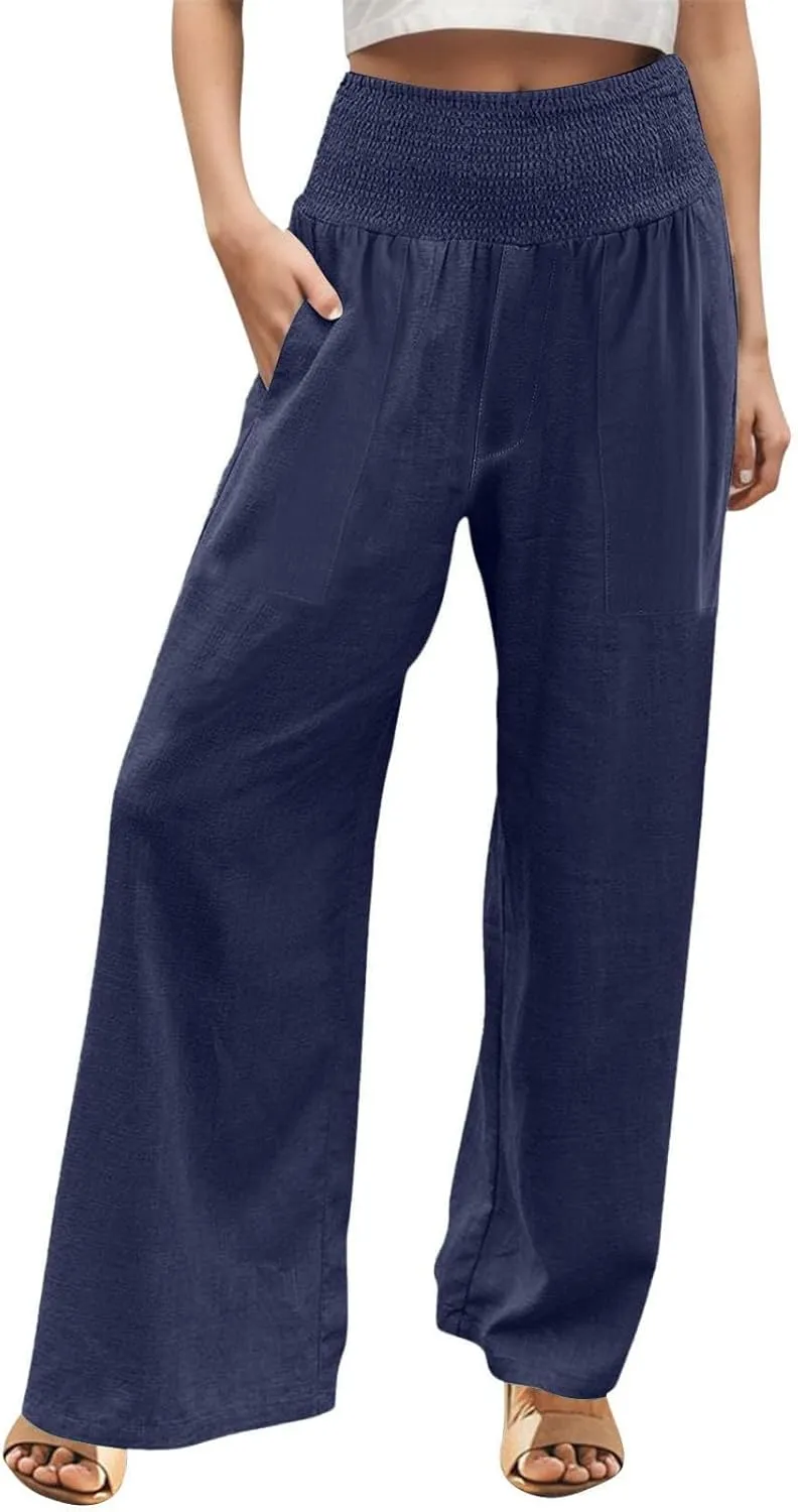 Khaki Linen Pants Women Wide Leg Flowy Breathable Friends' Gathering Beach Pants Spring Themed Party Casual Trousers