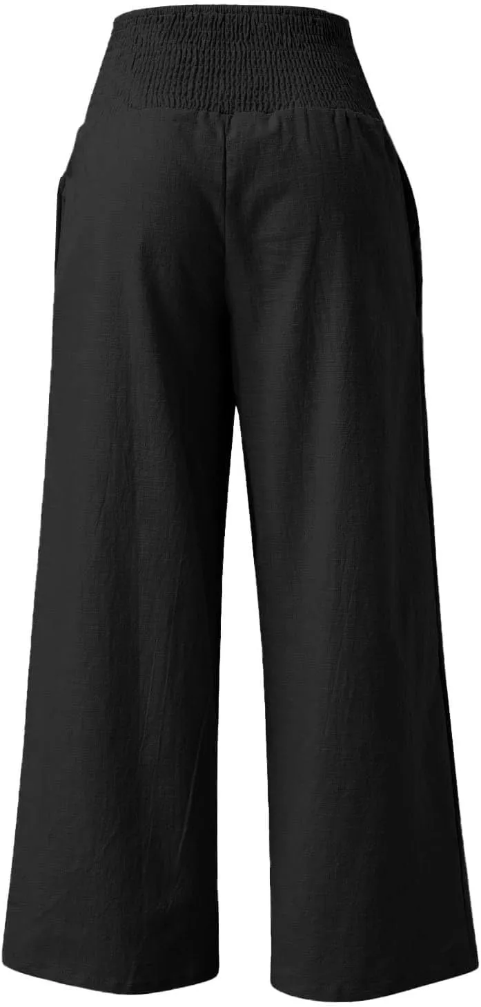 Khaki Linen Pants Women Wide Leg Flowy Breathable Friends' Gathering Beach Pants Spring Themed Party Casual Trousers