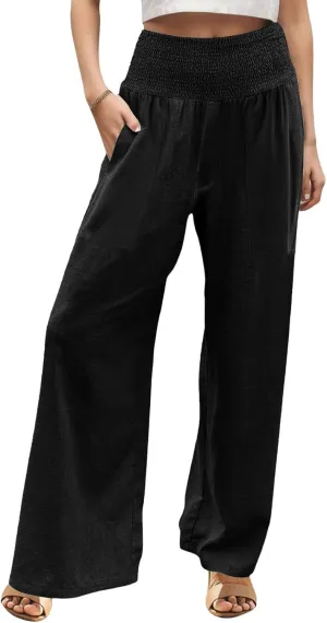 Khaki Linen Pants Women Wide Leg Flowy Breathable Friends' Gathering Beach Pants Spring Themed Party Casual Trousers
