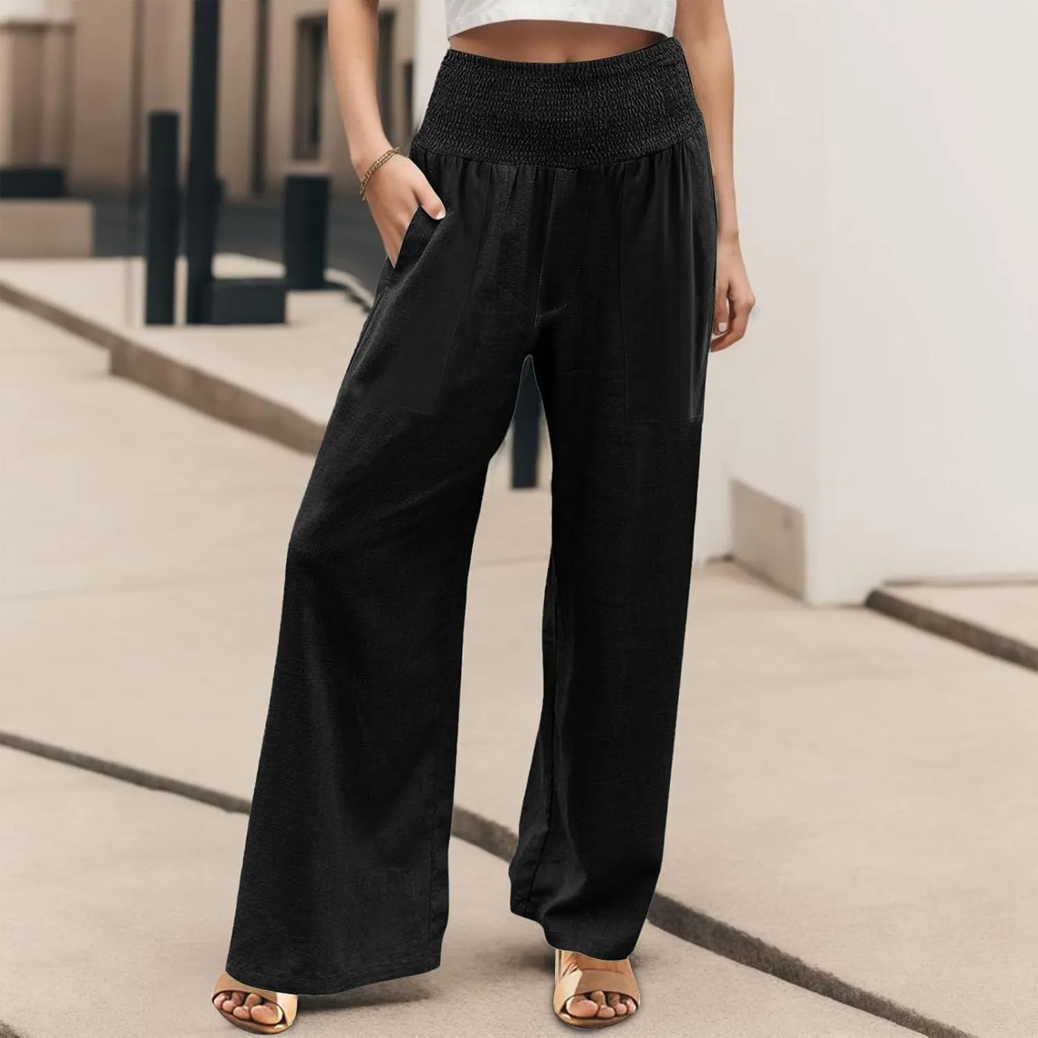 Khaki Linen Pants Women Wide Leg Flowy Breathable Friends' Gathering Beach Pants Spring Themed Party Casual Trousers
