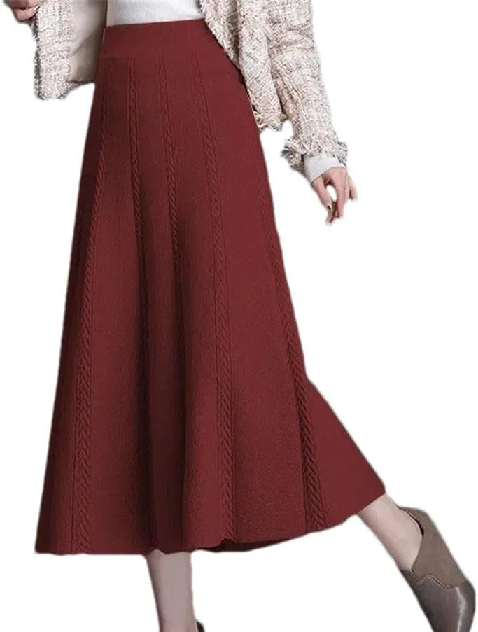 Knitted Pleated Skirt Women's Midi Elastic High Waist Autumn A-Line Sweater Winter Wool Long Skirts