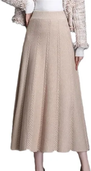 Knitted Pleated Skirt Women's Midi Elastic High Waist Autumn A-Line Sweater Winter Wool Long Skirts