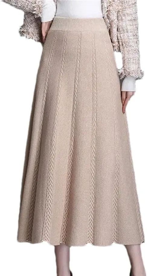 Knitted Pleated Skirt Women's Midi Elastic High Waist Autumn A-Line Sweater Winter Wool Long Skirts