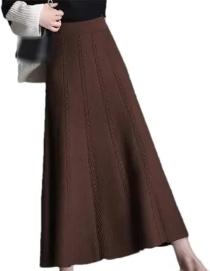 Knitted Pleated Skirt Women's Midi Elastic High Waist Autumn A-Line Sweater Winter Wool Long Skirts
