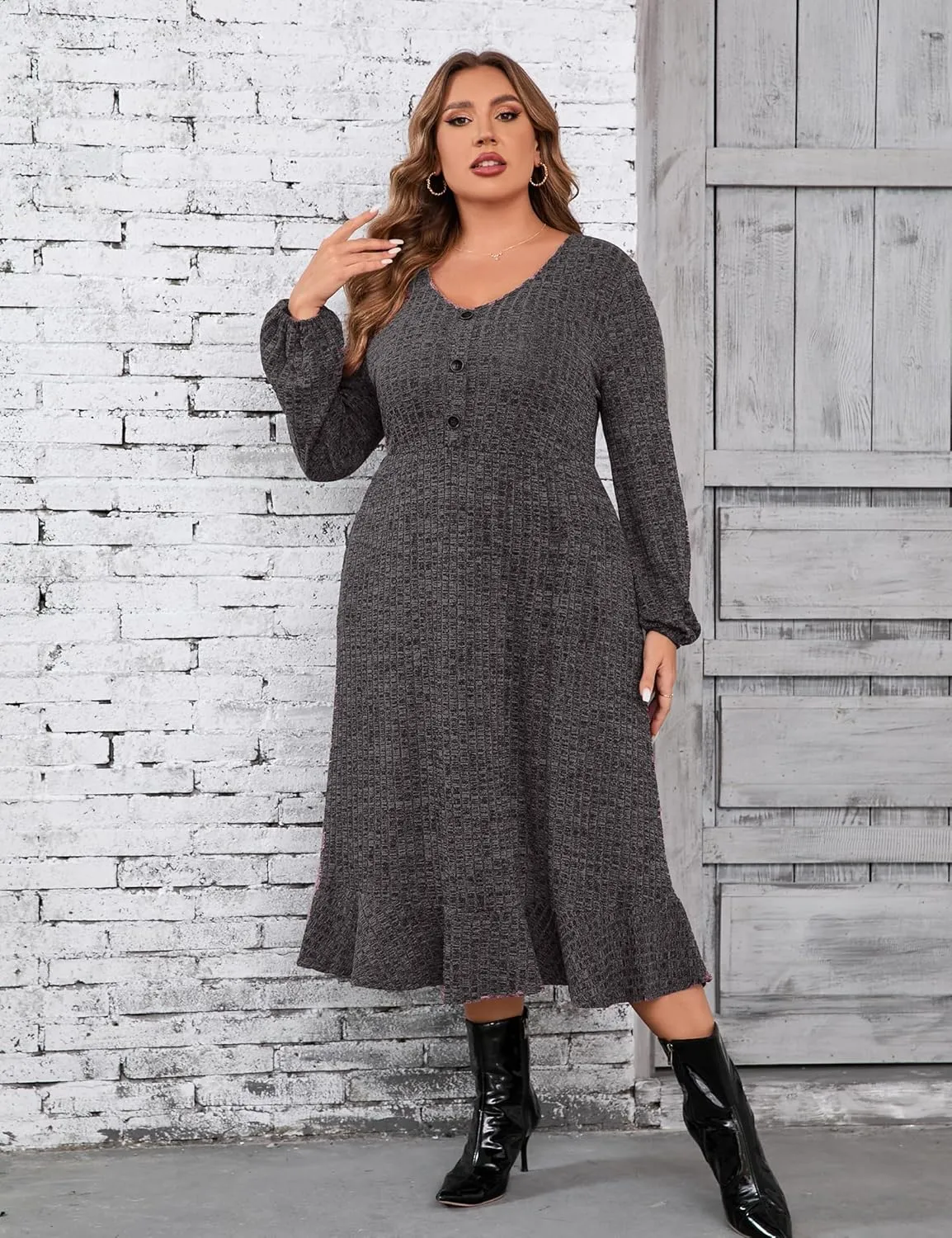 KOJOOIN Women's Plus Size Sweater Dress V-Neck Long Sleeve Fall Dresses Ribbed Knit Sweater Dress with Pockets