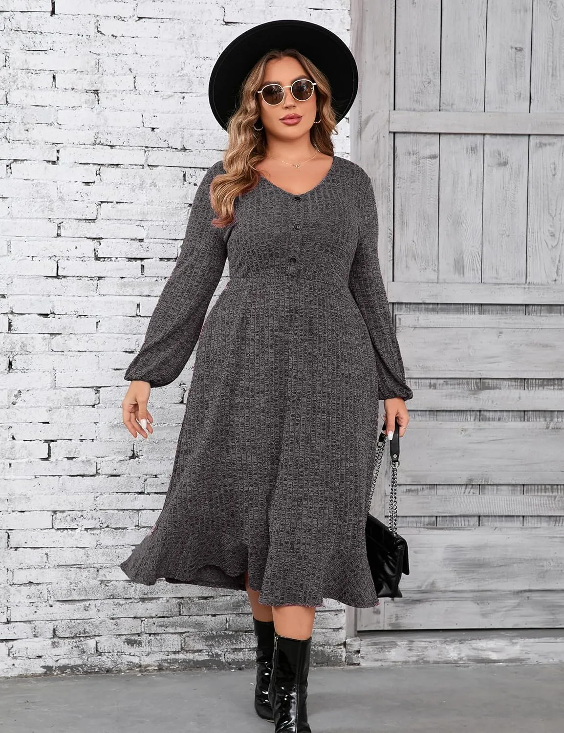 KOJOOIN Women's Plus Size Sweater Dress V-Neck Long Sleeve Fall Dresses Ribbed Knit Sweater Dress with Pockets
