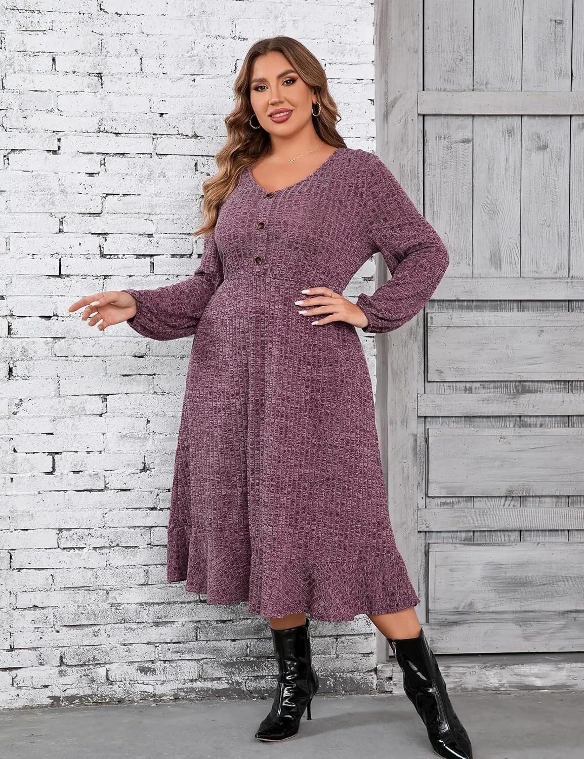 KOJOOIN Women's Plus Size Sweater Dress V-Neck Long Sleeve Fall Dresses Ribbed Knit Sweater Dress with Pockets