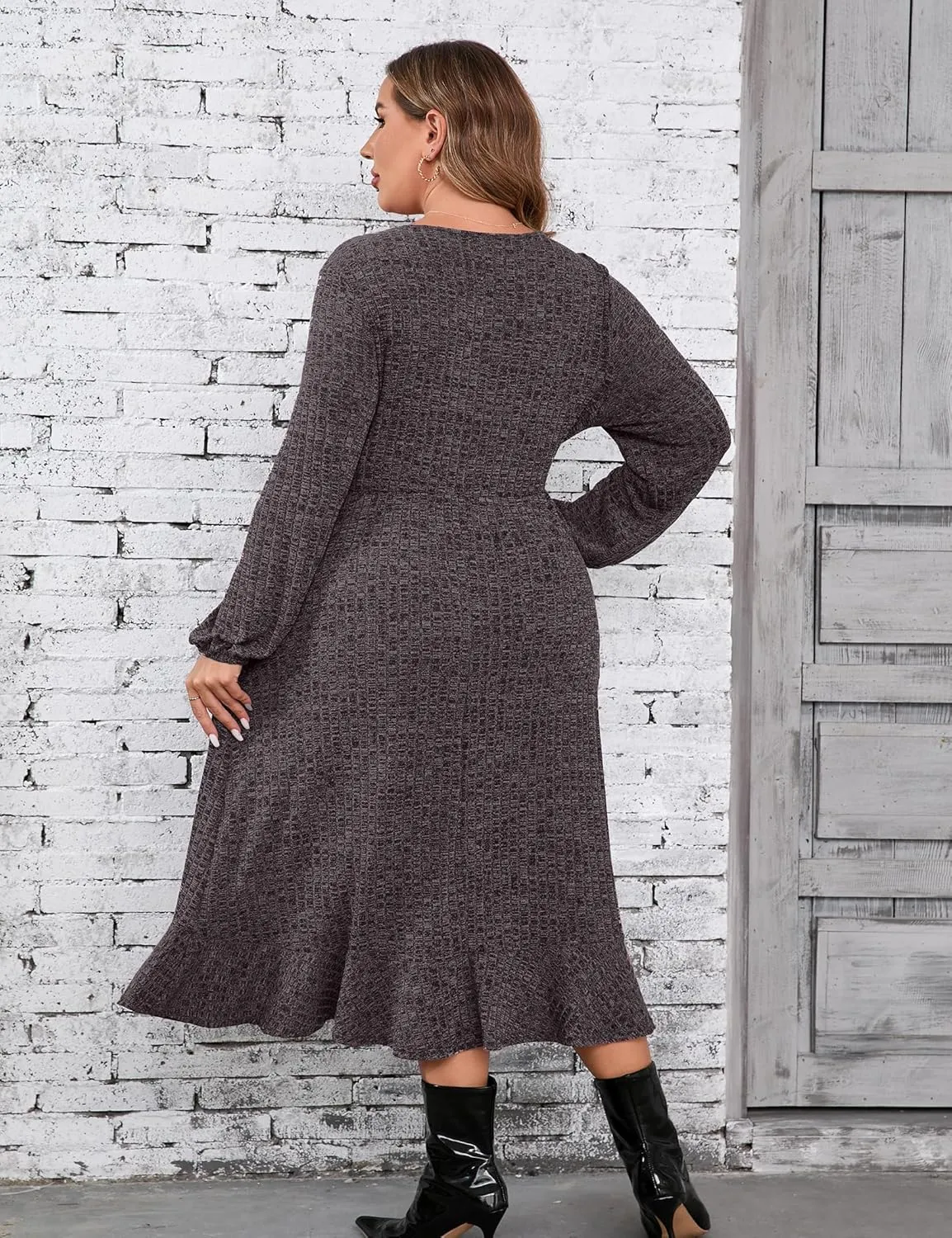 KOJOOIN Women's Plus Size Sweater Dress V-Neck Long Sleeve Fall Dresses Ribbed Knit Sweater Dress with Pockets