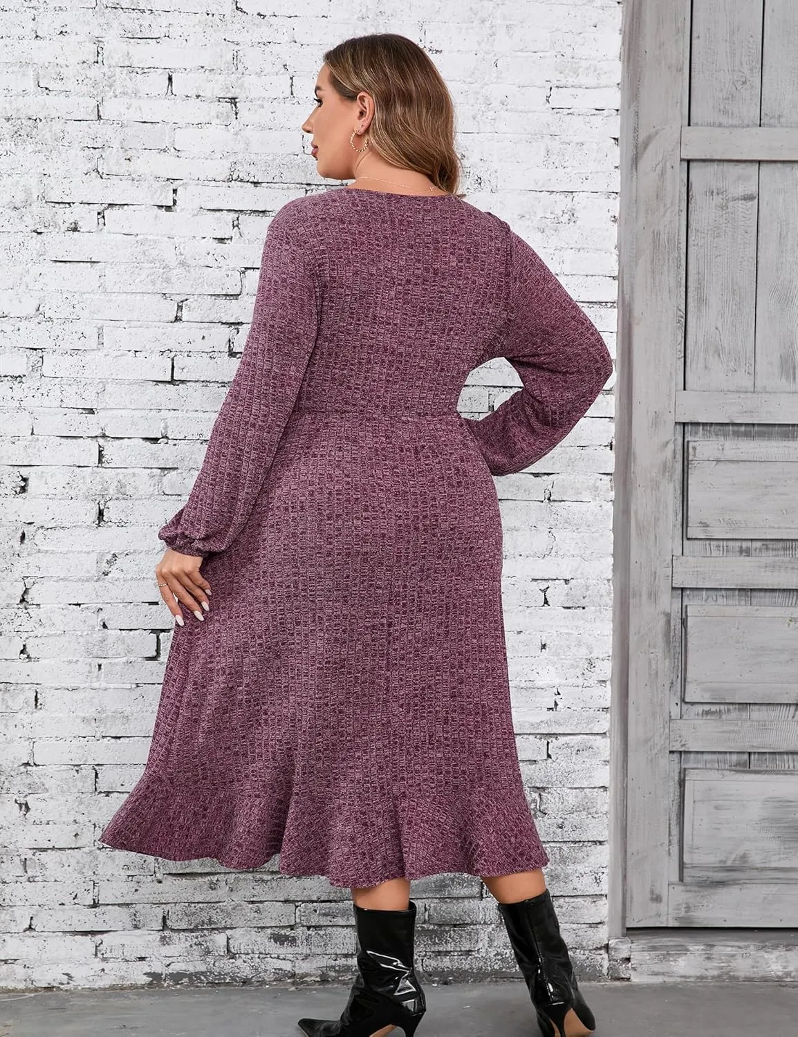 KOJOOIN Women's Plus Size Sweater Dress V-Neck Long Sleeve Fall Dresses Ribbed Knit Sweater Dress with Pockets