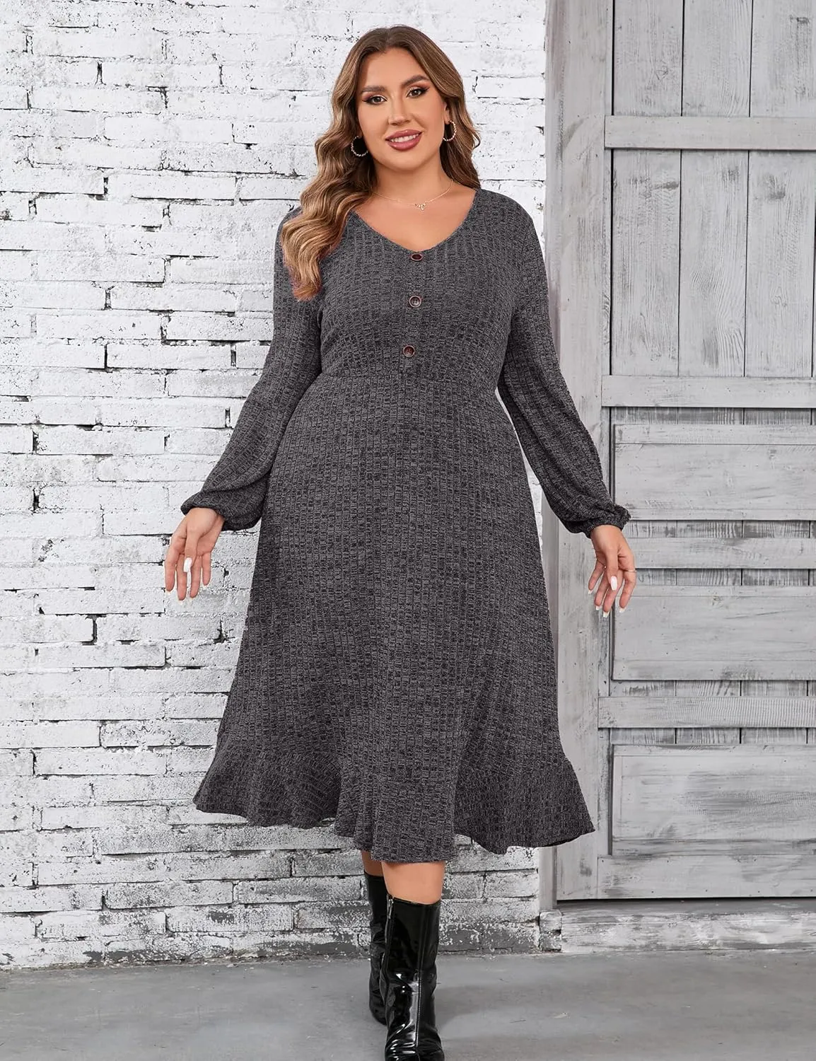KOJOOIN Women's Plus Size Sweater Dress V-Neck Long Sleeve Fall Dresses Ribbed Knit Sweater Dress with Pockets