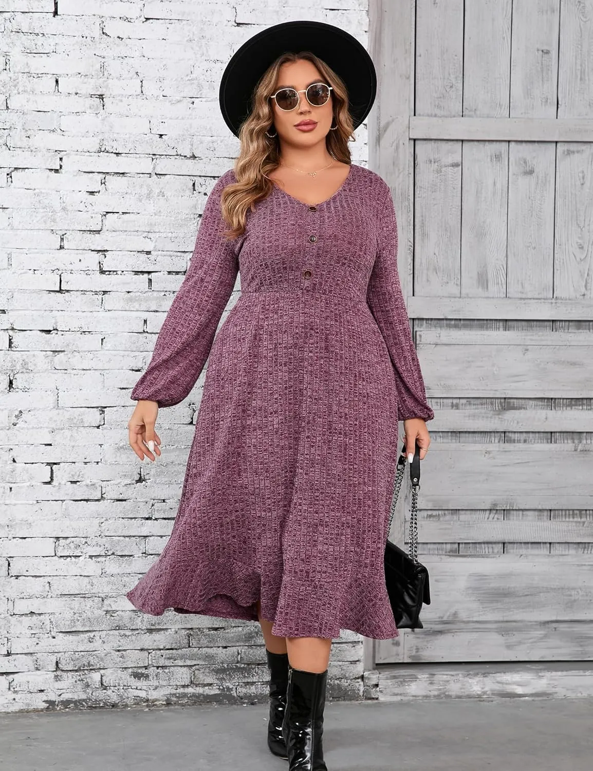 KOJOOIN Women's Plus Size Sweater Dress V-Neck Long Sleeve Fall Dresses Ribbed Knit Sweater Dress with Pockets