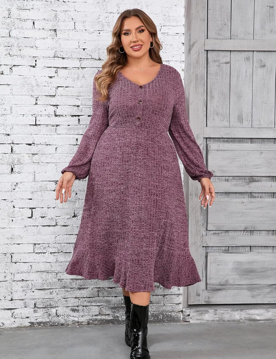 KOJOOIN Women's Plus Size Sweater Dress V-Neck Long Sleeve Fall Dresses Ribbed Knit Sweater Dress with Pockets