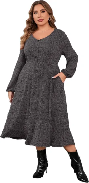 KOJOOIN Women's Plus Size Sweater Dress V-Neck Long Sleeve Fall Dresses Ribbed Knit Sweater Dress with Pockets