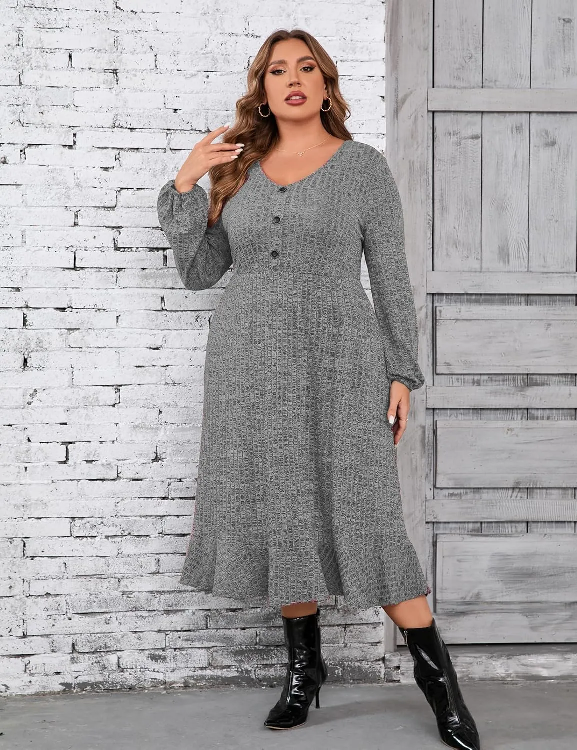 KOJOOIN Women's Plus Size Sweater Dress V-Neck Long Sleeve Fall Dresses Ribbed Knit Sweater Dress with Pockets