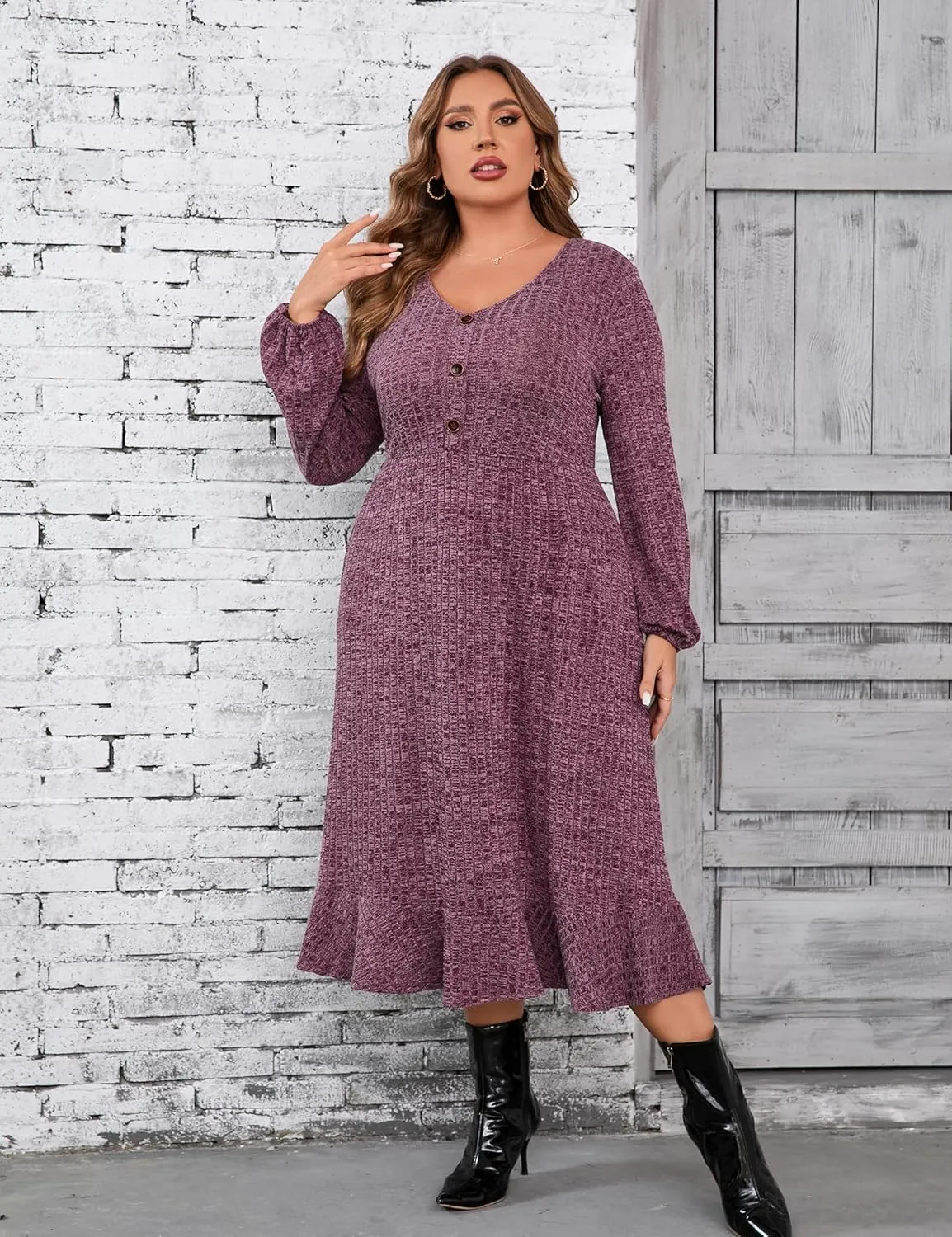KOJOOIN Women's Plus Size Sweater Dress V-Neck Long Sleeve Fall Dresses Ribbed Knit Sweater Dress with Pockets
