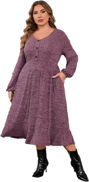 KOJOOIN Women's Plus Size Sweater Dress V-Neck Long Sleeve Fall Dresses Ribbed Knit Sweater Dress with Pockets