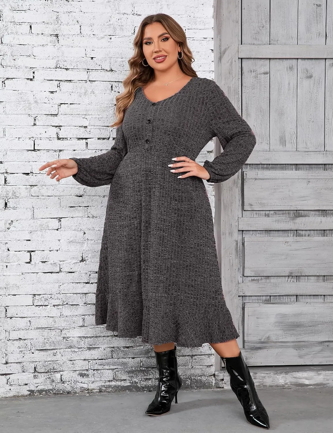 KOJOOIN Women's Plus Size Sweater Dress V-Neck Long Sleeve Fall Dresses Ribbed Knit Sweater Dress with Pockets