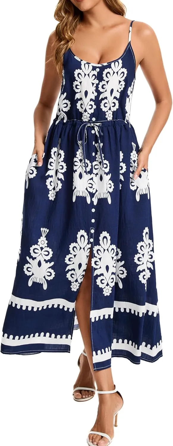 Kormei Women Summer Beach Dress Casual Boho Floral Sundress Spaghetti Strap Flowy Maxi Dresses with Pockets