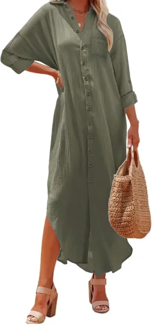Kuraki Women's Casual Print Button Front Maxi Shirt Dress