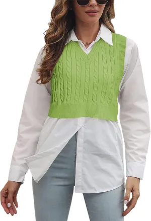 Lailezou Women's V-Neck Knit Sweater Vest Solid Color Argyle Plaid Preppy Style Sleeveless Crop Knit Vest