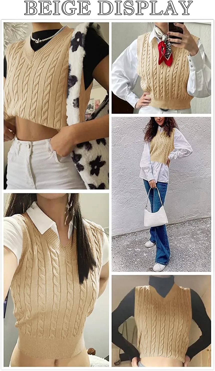 Lailezou Women's V-Neck Knit Sweater Vest Solid Color Argyle Plaid Preppy Style Sleeveless Crop Knit Vest