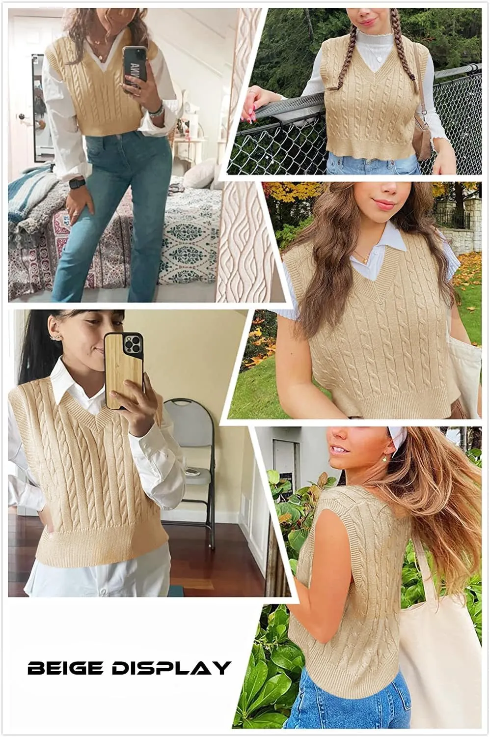 Lailezou Women's V-Neck Knit Sweater Vest Solid Color Argyle Plaid Preppy Style Sleeveless Crop Knit Vest
