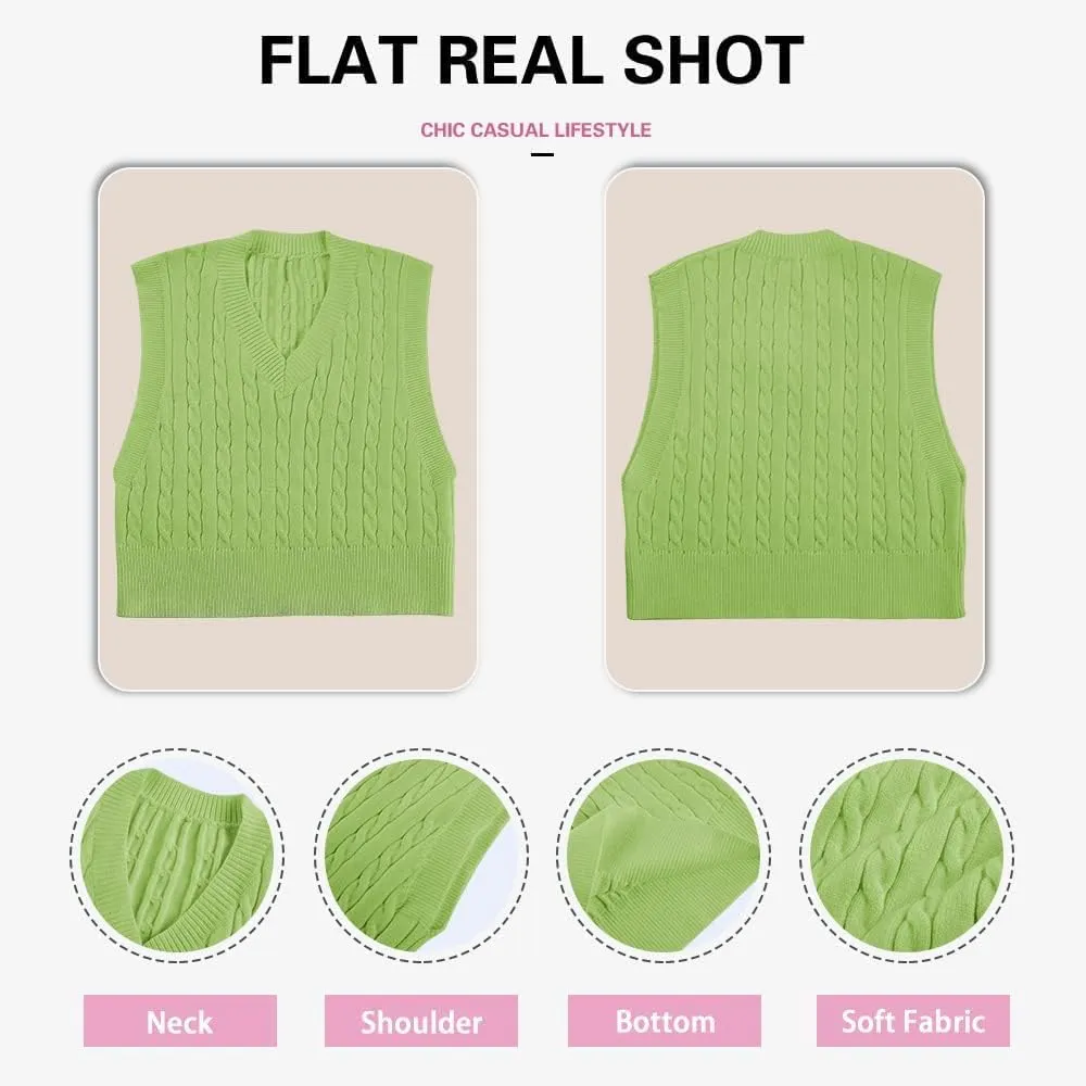 Lailezou Women's V-Neck Knit Sweater Vest Solid Color Argyle Plaid Preppy Style Sleeveless Crop Knit Vest