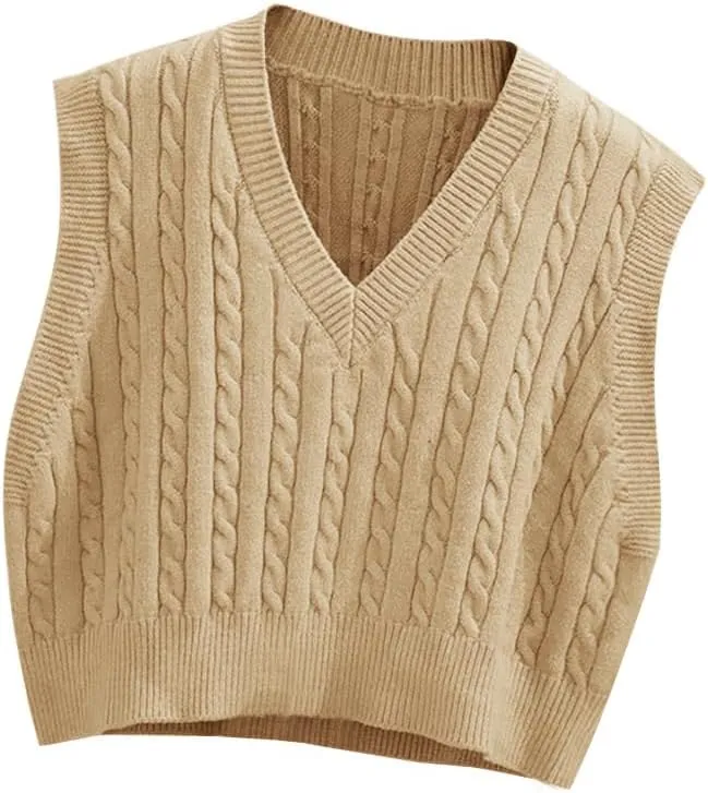 Lailezou Women's V-Neck Knit Sweater Vest Solid Color Argyle Plaid Preppy Style Sleeveless Crop Knit Vest