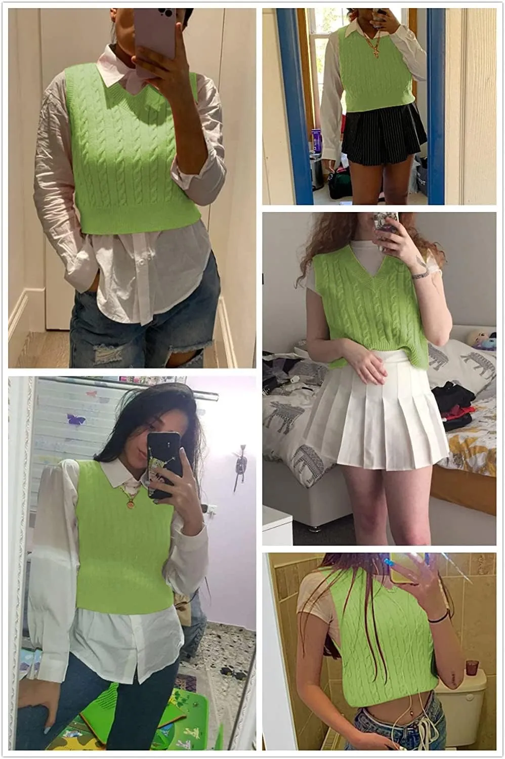 Lailezou Women's V-Neck Knit Sweater Vest Solid Color Argyle Plaid Preppy Style Sleeveless Crop Knit Vest