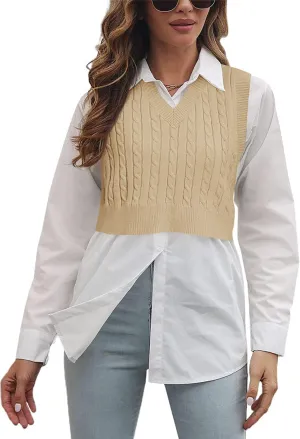 Lailezou Women's V-Neck Knit Sweater Vest Solid Color Argyle Plaid Preppy Style Sleeveless Crop Knit Vest