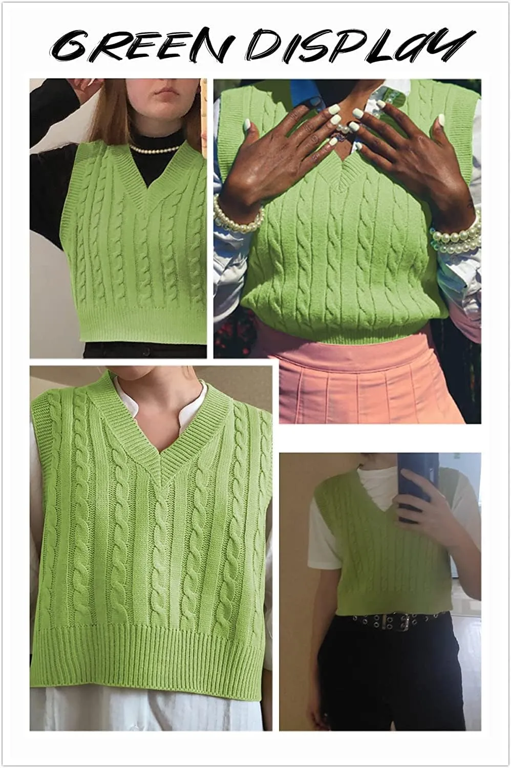 Lailezou Women's V-Neck Knit Sweater Vest Solid Color Argyle Plaid Preppy Style Sleeveless Crop Knit Vest