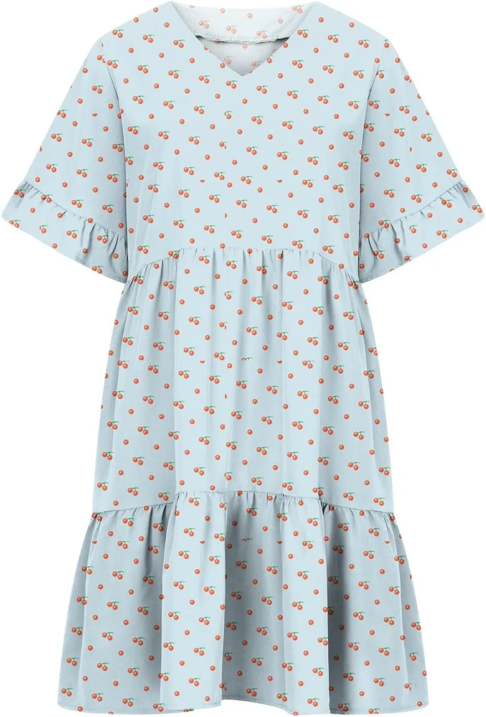LFEOOST Summer Dresses for Women Loose Casual Ruffles Short Sleeve V Neck Floral Print Smocked Mini Dress with Pocket