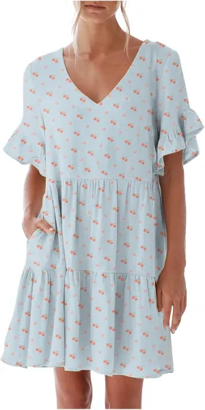 LFEOOST Summer Dresses for Women Loose Casual Ruffles Short Sleeve V Neck Floral Print Smocked Mini Dress with Pocket